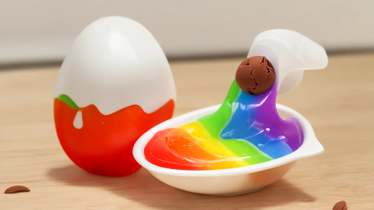 on a wooden table, стоят две половинки plasticового яйца Kinder. Kinder egg-shaped packaging ((plastic)). one of the halves contains rainbow cream, Use a white spoon to scoop out the cream, chocolate ball crumbs on top, a white wall, kitchen, Multiple light sources, Beautiful sunlight, bright lighting, Realistic style , realistic texture, detailed texture, A high resolution, high quality, macro photo, ultra hd 4k quality.