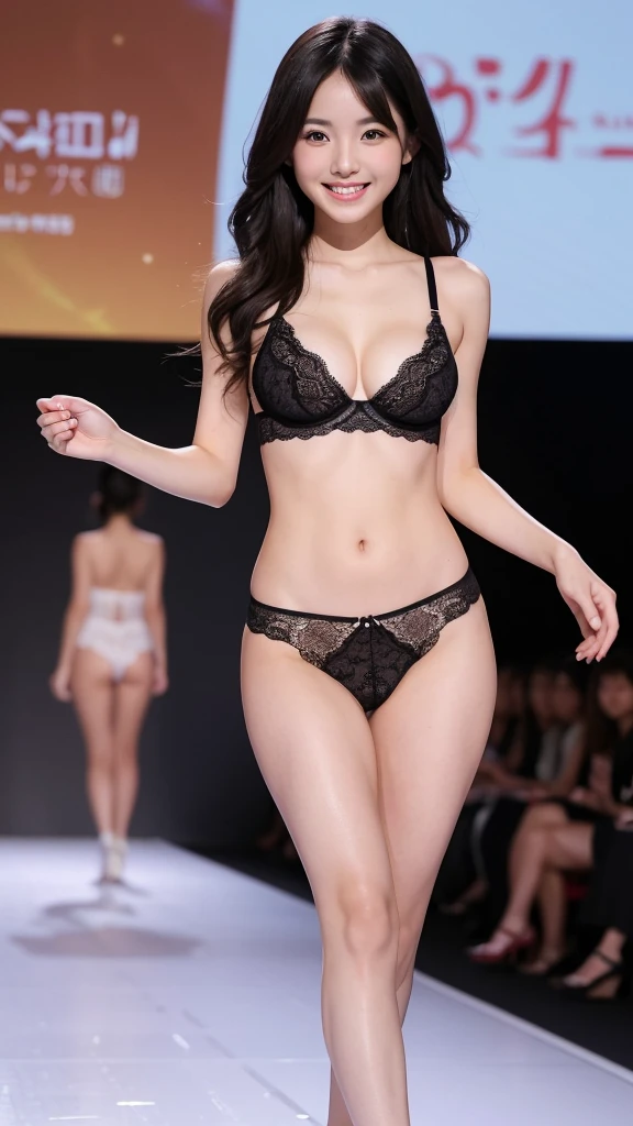 A sexy Japanese girl with long wavy hair and amazingly white skin.、White skin, big eyes, and a smile that shows white teeth、Smiling with his face tilted to one side、A sexy, sheer black lace bra and panties is walking down the runway at a fashion show.