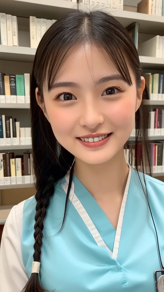 ponytail、The face of a hostess、Dress is nurse uniform、high quality、Surreal、healthy、Smiling face、Slim and perfect figure、Japanese Beauty、Beautiful Eyes、Perfect Face、Beautiful Skin、The background is the library、Close-up of face