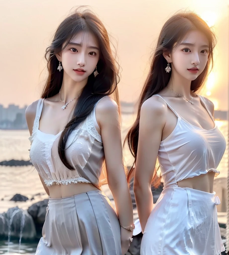 Beautiful and lovely 22-year-old girl，Highest image quality，Tyndall effect，big eyes，Long eyelashes，White openwork lace，With clavicle，Black long hair，Snow-white skin，Perfect facial features，Clear face，Delicate lips，Wearing dazzling earrings on the ears，A diamond necklace is worn around his neck，Smile，sunrise，爱琴海海边sunrise的美丽背景，Soft lighting，modern，Realistically，front，Facing the camera，full-body shot，Vest line，Wearing a white miniskirt，