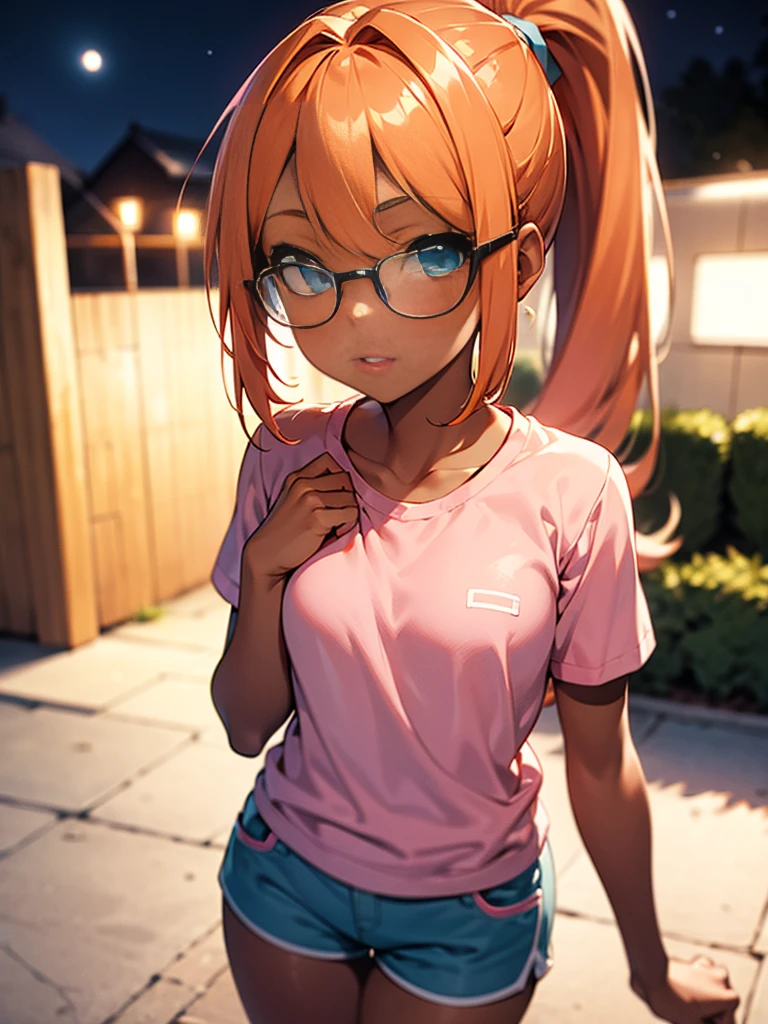 Orange hair, blue eyes, long hair, ponytail, short, pink shirt, pink shorts, Latina, white shoes, outside, night, large chest, bangs, tan skin, tsundere, tan, brown skin, portrait, closeup, small, glasses