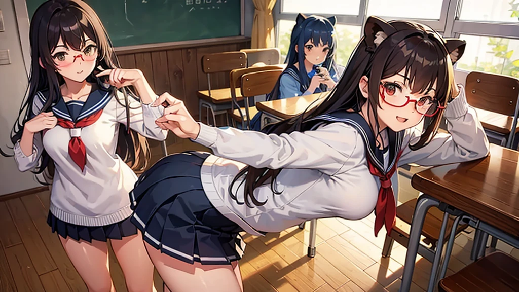 Tanuki, high school girl, sailor uniform, miniskirt, tsundere, glasses, standing classroom