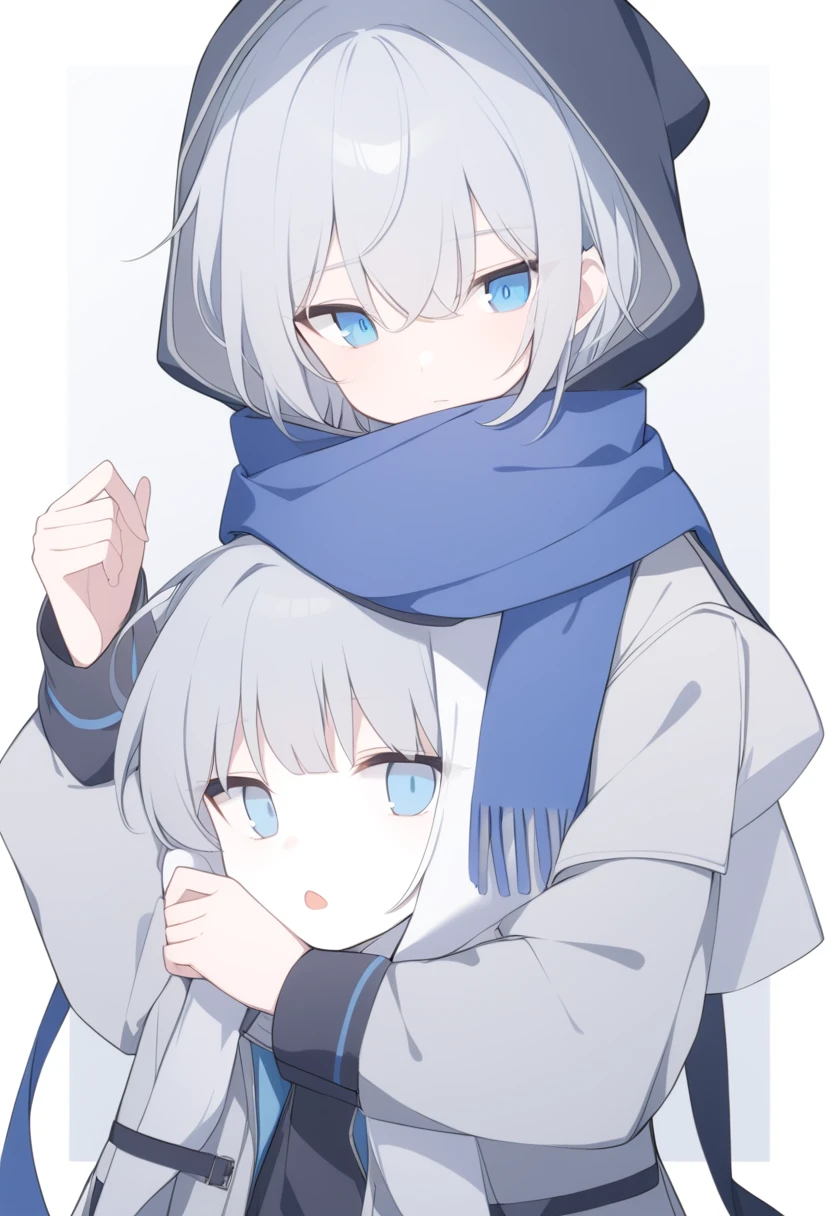 blue eyes,Blue scarf,White,WhiteT恤,Dark blue jacket,grey hood,银White头发,Gray ear