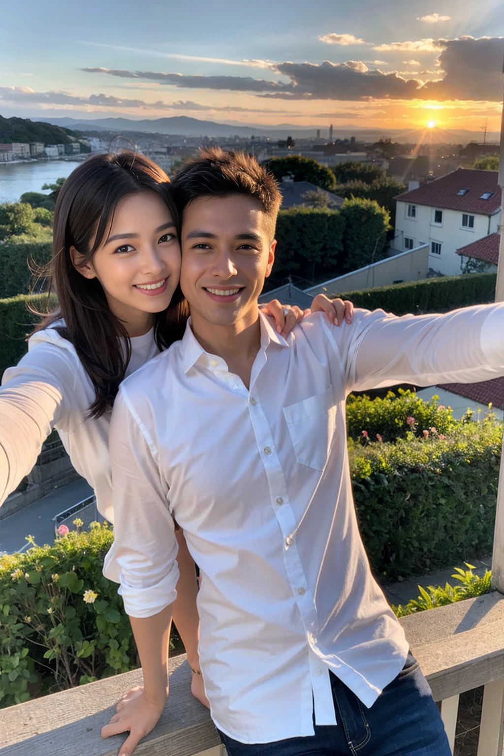 ((Highest quality、、masterpiece:1.3))、1 male、1 female、42 years old 44 years old、Slim Beauty、Beautiful couple、smile、 (Slim face), (the body is スリム), (Brown Hair), (Shortcuts), テーブルのフルコースディナーとwine glass、Amazing view of the sunset sky and clouds、smileの美しさ、Wine bottle、sparkling wine、Long sleeve shirt、dress、White wine, red wine, wine glass, 