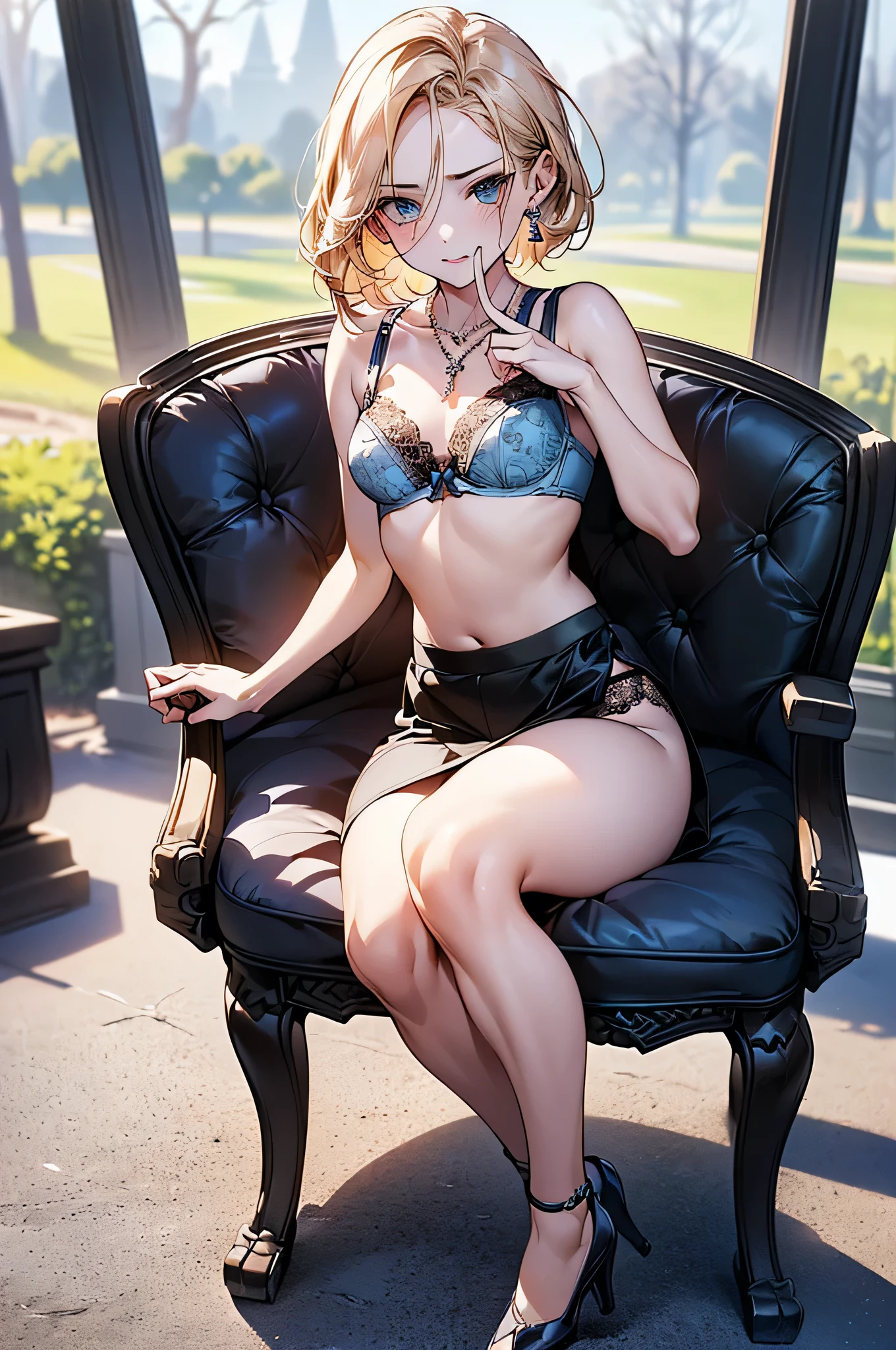 ((Biologically correct limb count)),((Natural finger shape)),((Full Body Shot,Including face)),Standing position,4K,masterpiece,((Focus on the face)),((Symmetrical facial features)),Eye for detailed depiction,Beautiful woman,Excellent style,Beautiful feet,(Small Ass,Thin thighs),(Patterned black stockings,High heels),Facial detailing,Small earrings,necklace,Low angle photo,((Light blue lace bra and lace panties,Lifting the skirt to reveal panties)),Park scenery on a holiday morning,Strong sunlight,(((A facial expression of pleasure))),(((Lean your body back and sit on the ground))),((Hands lifting from under your chest)),(Face the camera),Photograph the side of the body,focus on the crotch,Long blonde