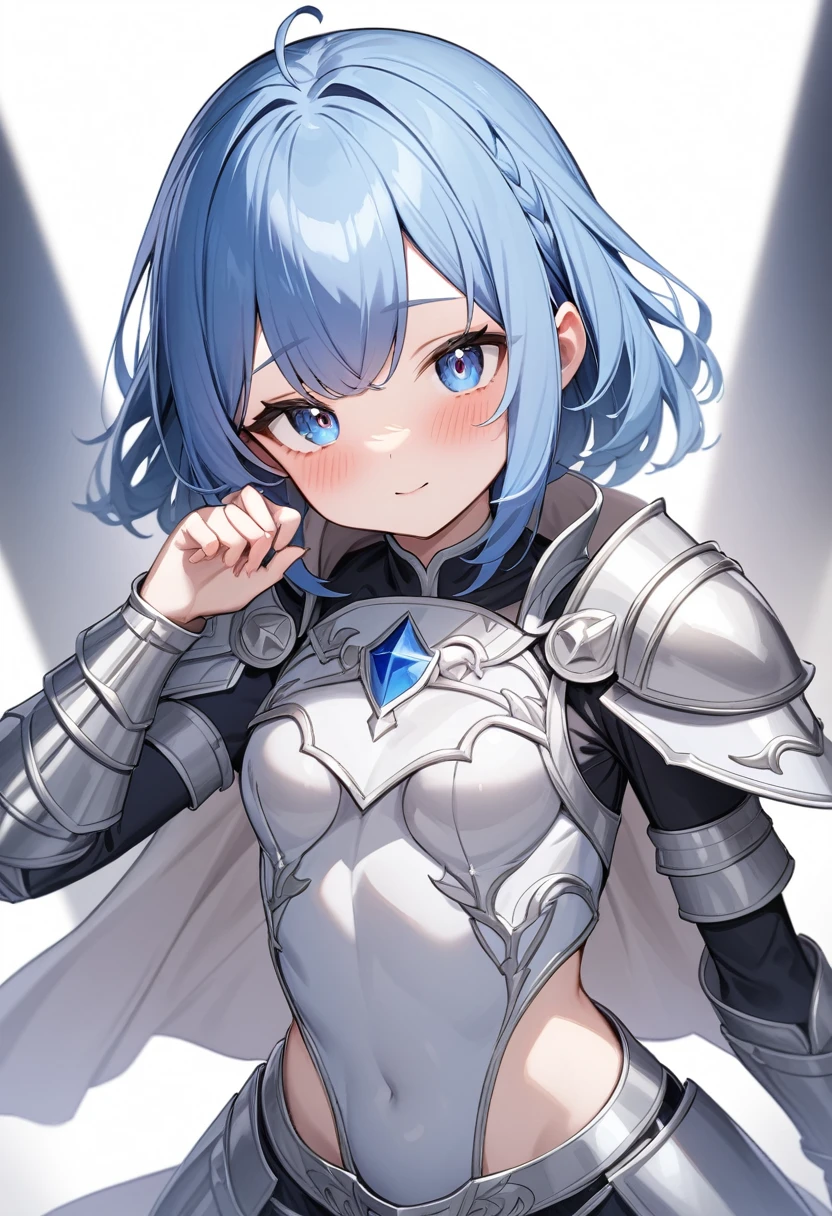 (masterpiece, top quality, very aesthetic, super detailed), intricate detail, 1girl,stand、upper body:1.3、
kind eyes、tareme:1.4,Hollow Eyes:1.3、Cute Face、blue hair:1.5、middle hair,sidelock :1.4,,blue eyes:1.2、clear face、solo、chromium,small breasts,waist-cape armor Leg guard、armored dress、Princess Knight、Slim Body