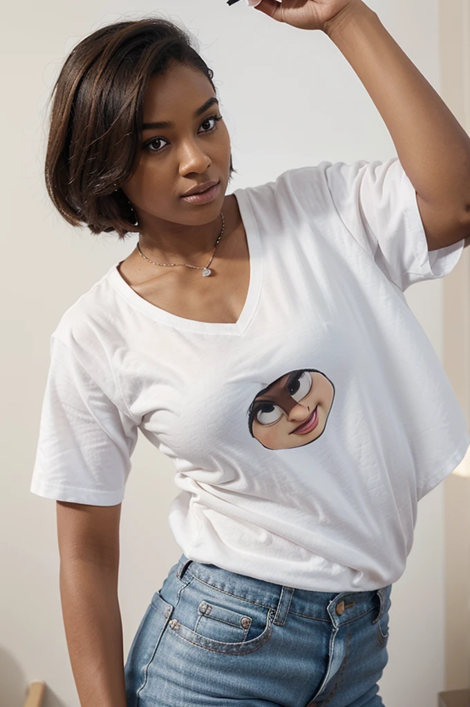 Make me a 3d drawing of a Disney man with a round clock head, with mature brown skin color,blouse/white t-shirt standing