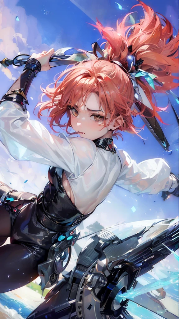 (Highest quality)),(超High resolution),(ultra detailed),(Careful image),((the most beautiful works of art),Ultra-precise art,The art of striking images, Fantasy art:1.5, (female angel with a spear:1.7),Beautiful and well-groomed face:1.5,angry face:1.3,(toned body:1.6),(Spear a demon, hiding at the bottom of the screen..:1.6)
