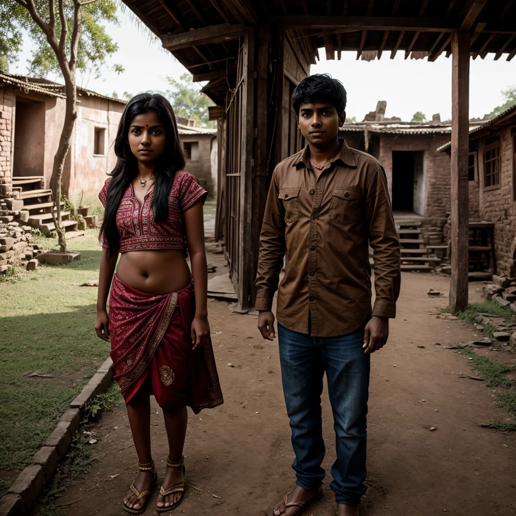 Indian girl and boy in a horror village