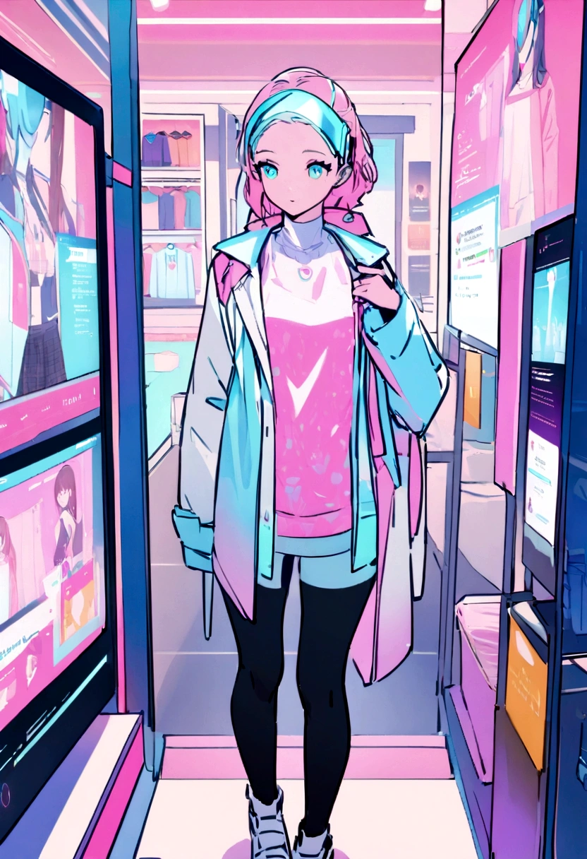 Generative AI avatar showcasing a futuristic shopping experience: a person interacting with a holographic personal stylist, seamlessly trying on clothes in a virtual beach setting, surrounded by digital screens displaying search results and product details