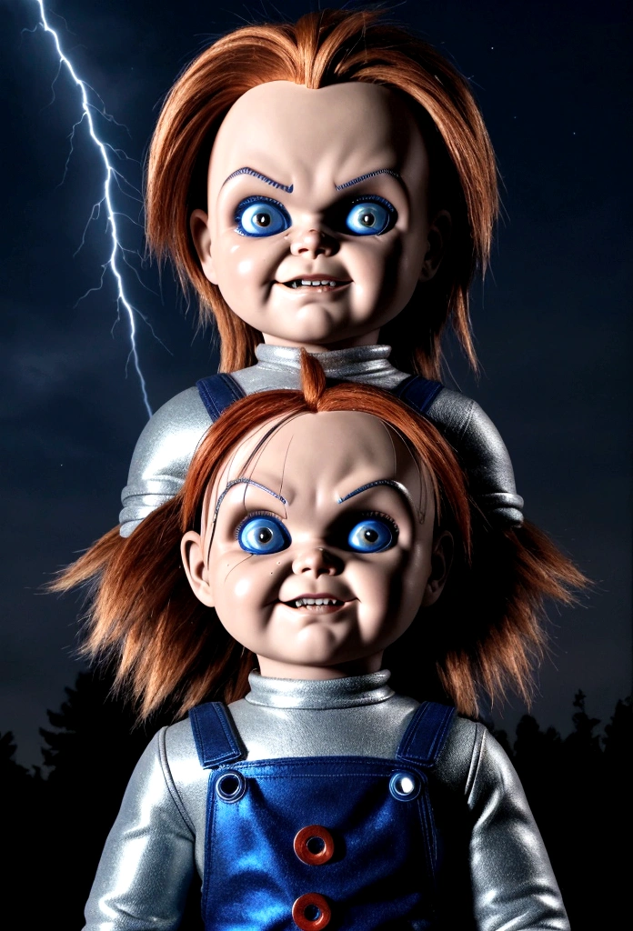 chucky doll, mucled, lightning effect, metallic effect, blue night sky