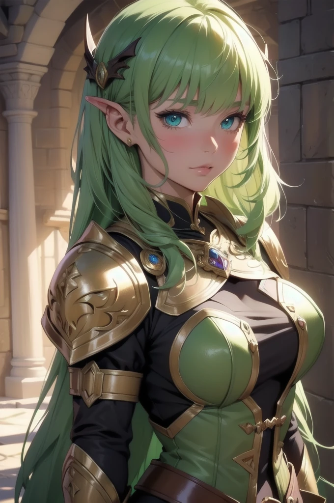 4K, high quality, Digital painting of a beautiful girl, like々Cute Girl, Short blonde, Silky hair with flowing bangs, Green Hair, Very long hair, Quite a soft face, turn bright red, Cute face with soft blush, Girl in the Middle Ages, Girl in medieval armor, fantasy armor, Fantasy Character Design, Intricately detailed fantasy RPG design, Dungeons&Dragons Women Girl Design, sheath sword, Harsh Edge Lighting, Deep Shadow, Colorful armor, Earthy colored armor, Button nose, cute Button nose, Leather Armor