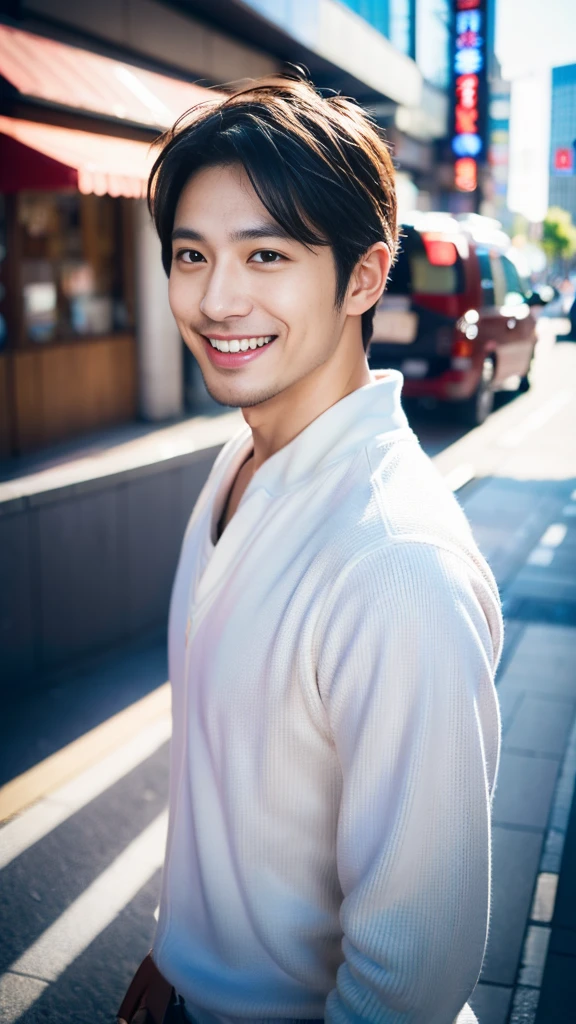 high resolution,４K,Charm、Realistic、Cleanliness、Japanese、Vibrant urban background,The charming smile of a cool man in his 20s。Define your face from the shoulders up。With confidence and flexibility、It has an eye-catching appeal。