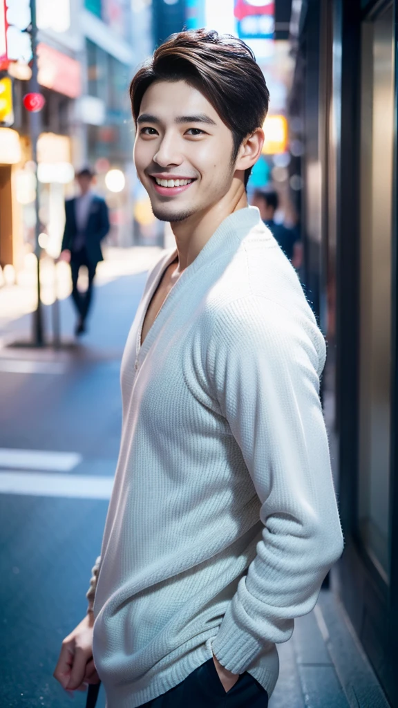 high resolution,4K,Charm、Realistic、Cleanliness、Japanese、Vibrant urban background,The charming smile of a cool man in his 20s。Define your face from the shoulders up。With confidence and flexibility、It has an eye-catching appeal。