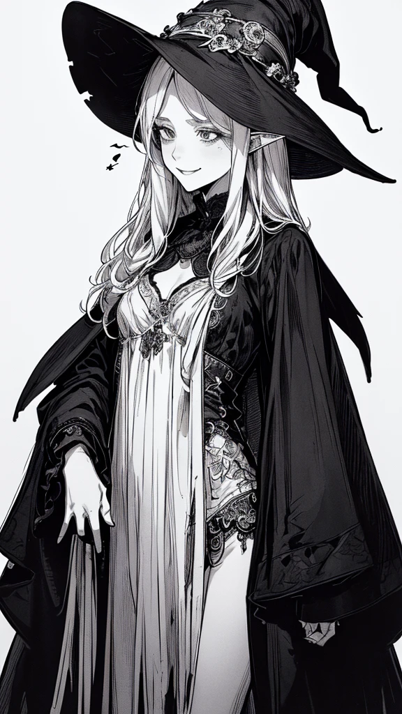 Highest quality, (Background details), High Contrast, so beautiful, Detailed original illustrations, Sensual, , witch, witch hat, Black Robe, Elf, Delicate face, charm, Spoiled brat, sexy, Real breasts, Small breasts、Crazy Smile, Crazy Eyes, Black background, (Black background: 1. 5) Beautiful line art, Monochrome