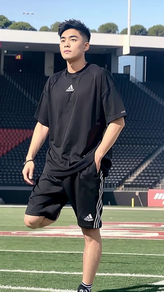 Handsome young man. Handsome young man, 20 years old.，Looking at the camera，Wearing a black Adidas t-shirt, standing on the football field.