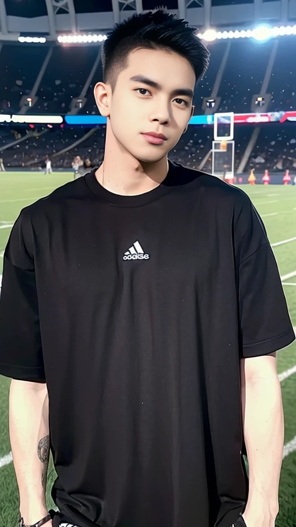 Handsome young man. Handsome young man, 20 years old.,Looking at the camera,Wearing a black Adidas t-shirt, standing on the football field.