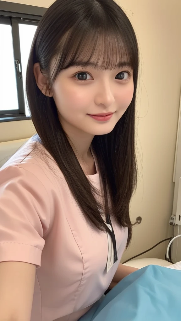 ((No makeup、Shut your mouth.:1.2))、(Realistic、Photorealistic、Very detailed、Best detailed skins、Highest quality、masterpiece、Ultra-high resolution)、Cute Japanese Woman、20-year-old、Young girl、1 Girl、Has bangs、double eyelid、Drooling eyes、Japanese style face、purity、Double teeth、Realistic肌タイプ、Fluffy hair、nurse、healthy、smile、Perfect slender figure、The Beauty of Japan、Beautiful Eyes、Beautiful Skin、Hospital room、At the window、Cowboy Shot