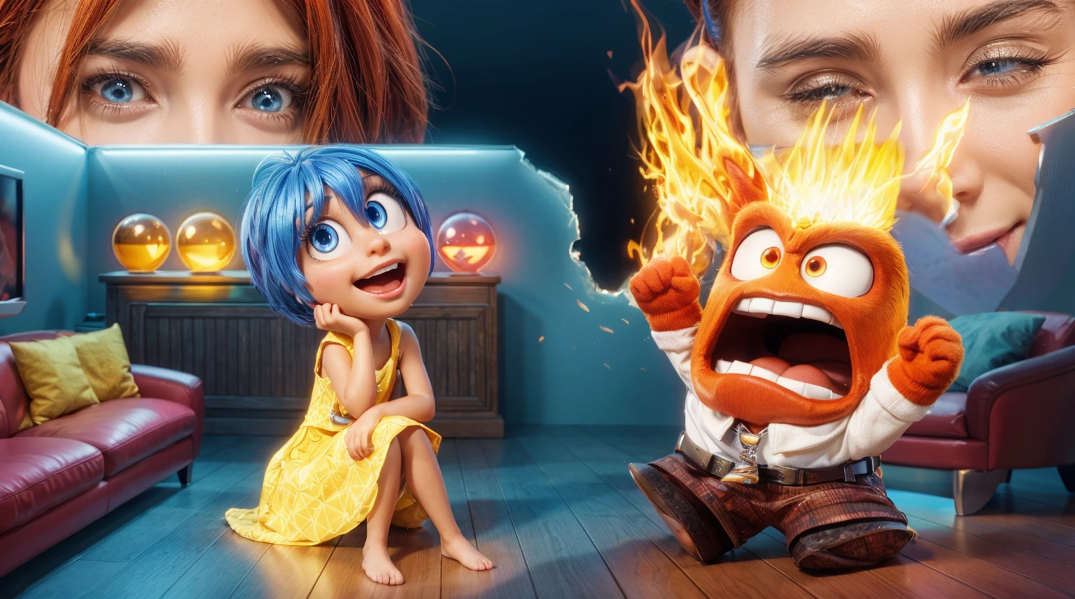  An animated character with fiery hair and a yellow dress is sitting on a couch with a blue-haired character who is screaming, smooth 3d model, glossy plastic texture, multiple light sources, rim light, sharp post effects render, most beautiful vfx, , realistic, 4k, high resolution, rim light, smooth 3d model. ,  glossy texture, smooth 3d model, multiple light sources, rim light, sharp post effects render, (glossy plastic texture with multiple big light probe refractions), perfect cgi,   reflective, best quality, 4k, masterpiece:1.2, ultra-detailed, realistic, vivid colors, The image of the highest quality, ensuring every detail showcased perfectly. It in 4k resolution, allowing viewers to immerse themselves in the richness of the colors and intricate details. The realistic rendering. under the spotlight, reflecting, high-resolution image, realistic rendering