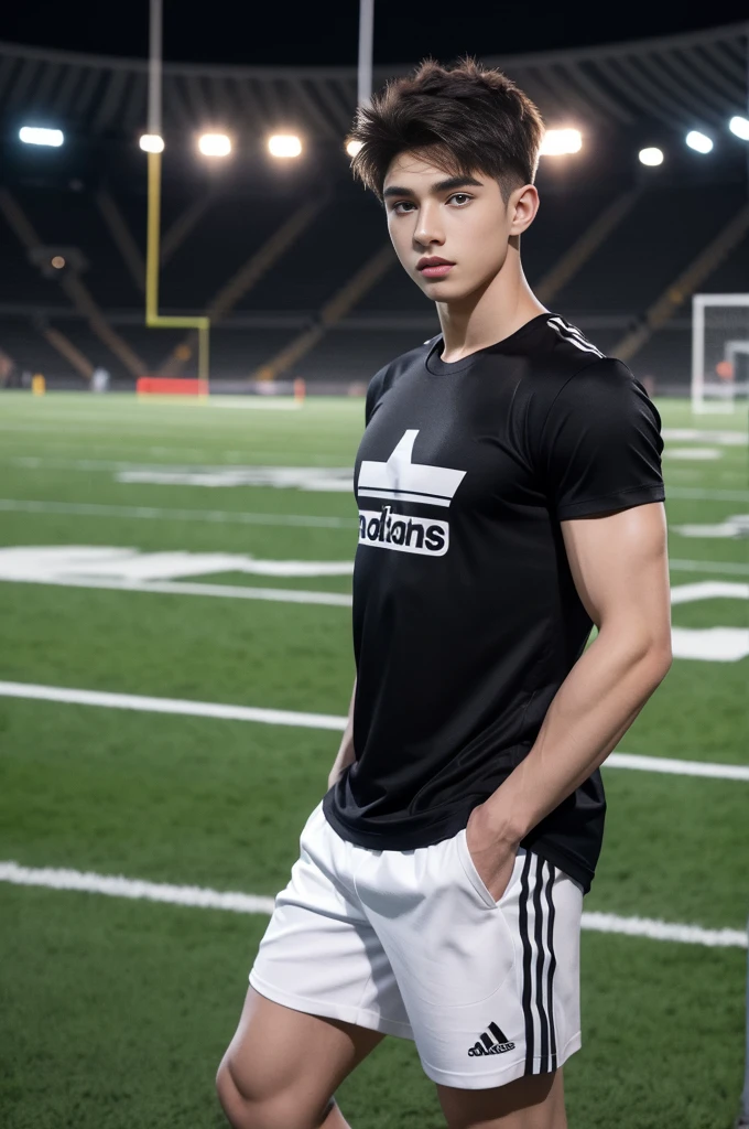 Handsome young man. Handsome young man, 20 years old.，Looking at the camera，Wearing a black Adidas t-shirt, standing on the football field.