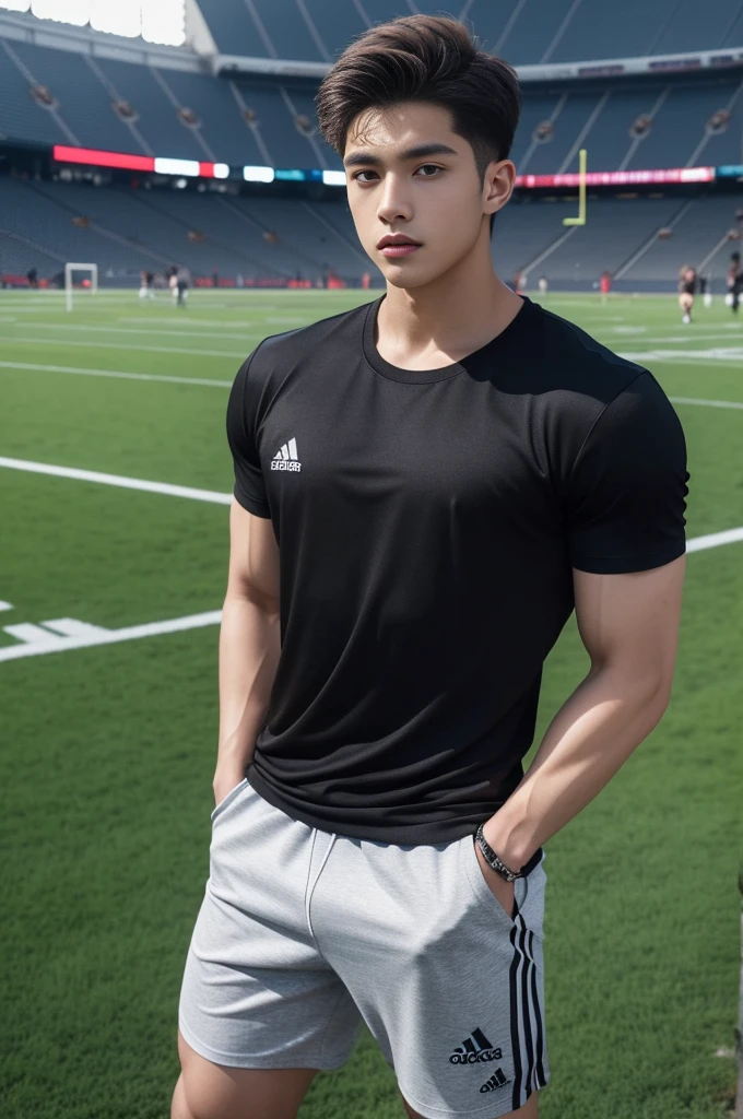 Handsome young man. Handsome young man, 20 years old.,Looking at the camera,Wearing a black Adidas t-shirt, standing on the football field.