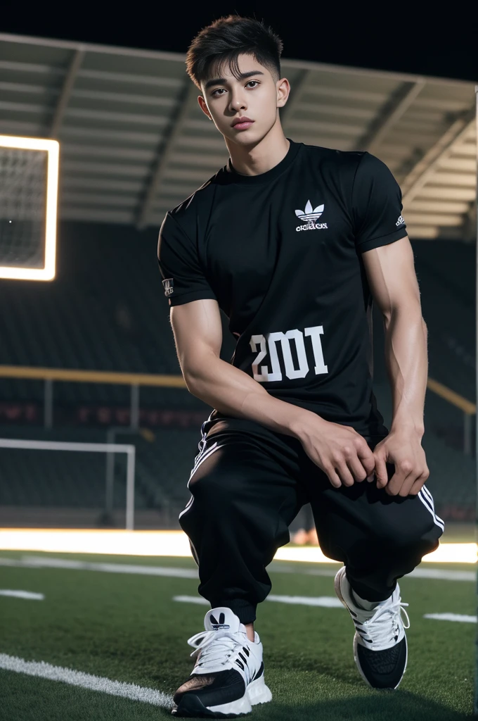 Handsome young man. Handsome young man, 20 years old.,Looking at the camera,Wearing a black Adidas t-shirt, standing on the football field.