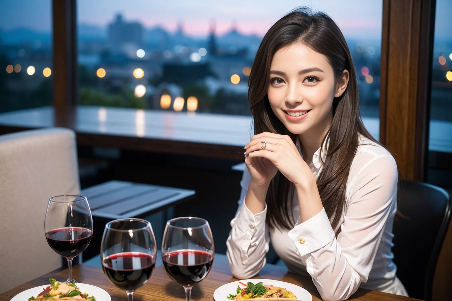 ((Highest quality、8K、masterpiece:1.3))、slimカップル、modelカップル、(Realistic, Intricate details:1.2), full-course dinner、Wine Party、Amazing view of the sunset sky and clouds、A bright smile、The wonderfulness of smile、Bright image、The beauty of wine, Beautiful Face, blue eyes, The light shines on your face, Blushing, short hair,Bright Face、 (Age 37), 39 years old, red wine 、Appetizers、Italian food、Wine bottle、Champagne、sparkling wine、Two beauties、Brown Hair、Shortcuts、Long sleeve shirt、dress、Beautiful woman 1, (slimな顔), (The body is slim), (Brown Hair), (Shortcuts), cheeks turn a little red,Attractive beauty、restaurant, In a prominent place (From the waist up) Nova Frog Style, actress, model, Upper Body, White wine, slim, wine glass, 中央に置かれたwine glass, smile, (smile: 1.15), Beautiful fine grain, Depth f/2,saturation, High Contrast, Strong light and shadow,Moist Body:1.5、3D texture、Delicate eyes、Brown Hair、The hair is very shiny、