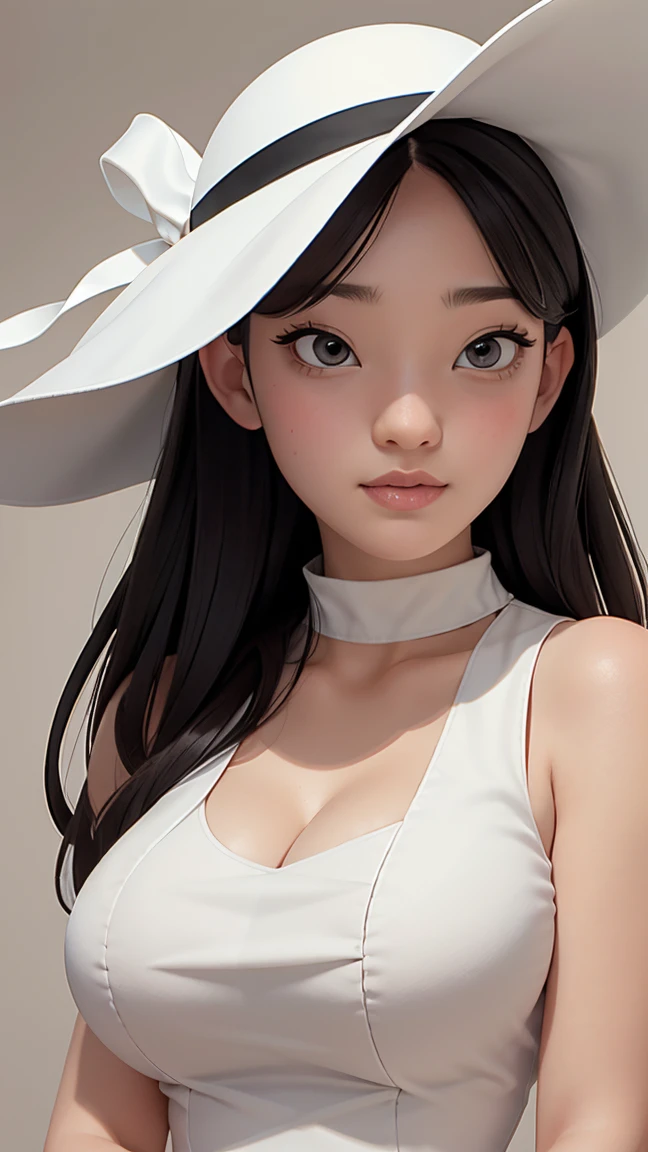 (best quality, masterpiece, perfect face) black hair, 18 years old pale girl, big bust, white sundress, H-cup, big white hat