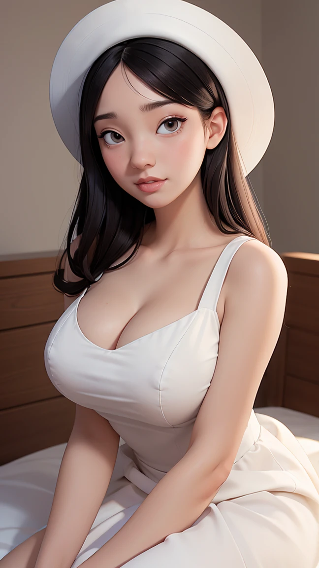 (best quality, masterpiece, perfect face) black hair, 18 years old pale girl, big bust, white sundress, H-cup, big white hat