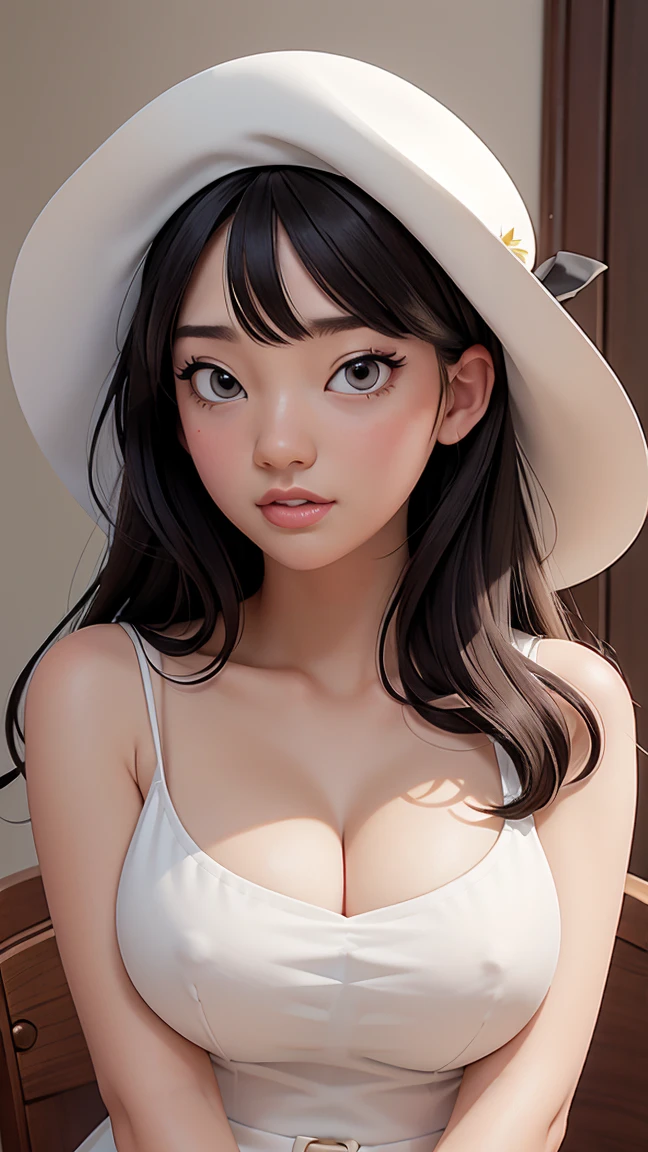 (best quality, masterpiece, perfect face) black hair, 18 years old pale girl, big bust, white sundress, H-cup, big white hat
