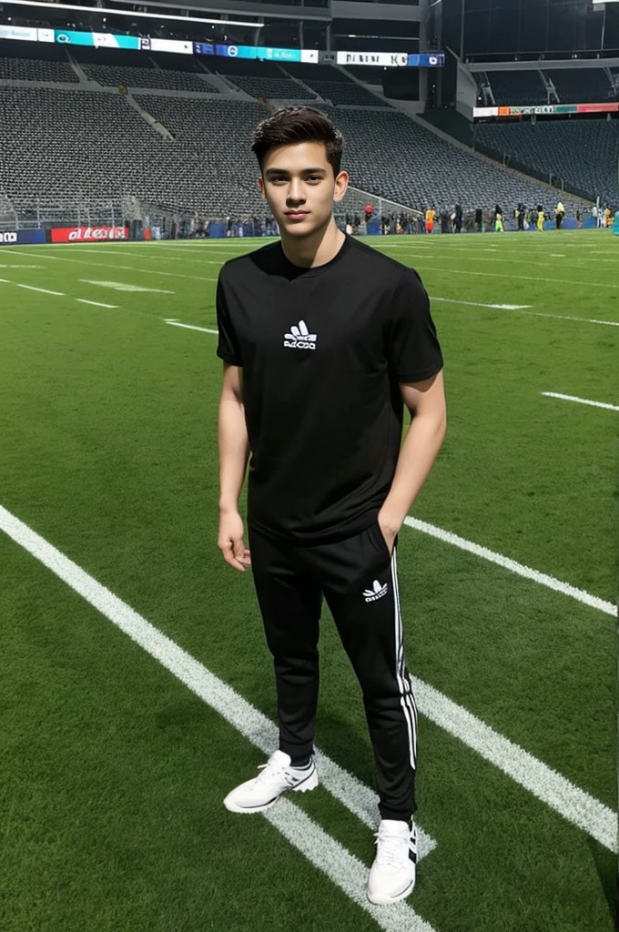 Handsome young man. Handsome young man, 20 years old.，Looking at the camera，Wearing a black Adidas t-shirt, standing on the football field.