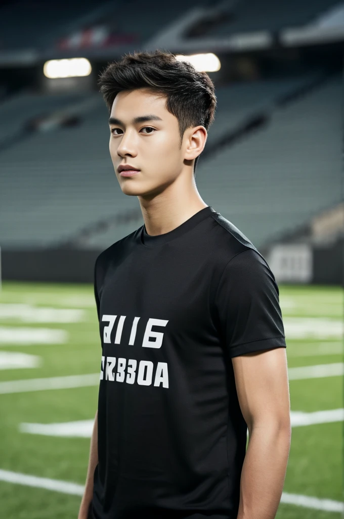 Handsome young man. Handsome young man, 20 years old.，Looking at the camera，Wearing a black Adidas t-shirt, standing on the football field.