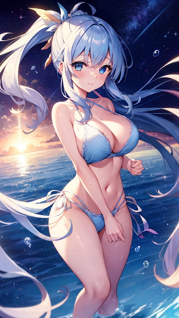 1lady, solo, the best、masterpiece, high quality, High precision,Highly detailed 8K Pure、sorrow、Tragic Love、Neo-Venezia、Uyuni salt lake、horizontal line、White Knight、Reflective water surface、In the wide sea, long blue hair, Lower ponytail ,white scrunchie, pink star side head ornament, light blue frilled bikini, long blue Sarong pass, lighr blue eyes, (,Flushed skin)、Hair blowing in the wind、Shiny Hair、Glowing Skin、thin pink lips, beautiful spotlight, Full body portrait、(Image idol sculpture、A lovely idol pose)、Heavy breathing、(Wide sky、infinity mirror、Beautiful sea), (Exposed breasts、Sweat runs down your chest)、Mojimoji、(A shy smile)、defenseless、Beautiful eyes illuminated by the light、Shiny Hair、Reflected Eyes、.(Look at the sky:1.3).(Red face:1) . (CG paintings with attention to detail),(Perfect image).a little excitement、Thin chest、Before menarche、(Feather hair ornamentLow Angle、Colorful sky、Contrail、shooting star、rainbow、Aurora、Solar flare, spray, bubble, tall stature, glamorous