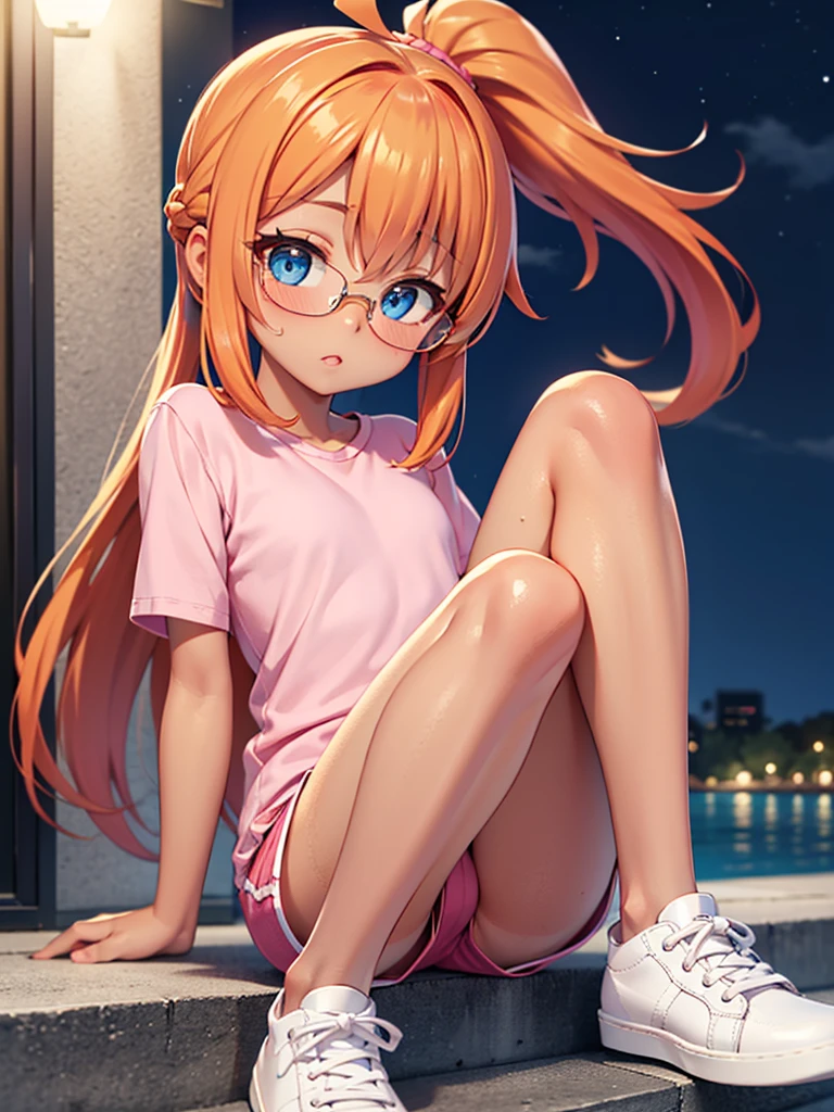 Orange hair, blue eyes, long hair, ponytail, short, pink shirt, pink shorts, Latina, white shoes, outside, night, large chest, bangs, tan skin, tsundere, tan, brown skin, portrait, closeup, small, glasses