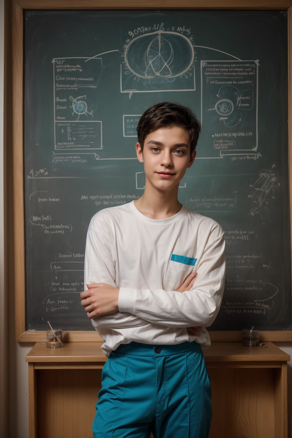 Beautiful young twink with a face with red makeup. He has black hair. He is wearing a white long-sleeved shirt and aqua blue pants. He is in his scientific office, and behind him is a blackboard on which the shape of the brain and its anatomy are written in precision and detail. He looks proudly