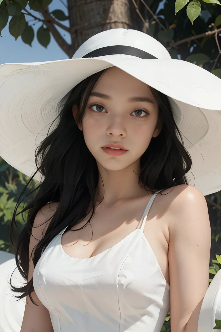 (best quality, masterpiece, perfect face) black hair, 18 years old pale girl, big bust, white sundress, big white hat