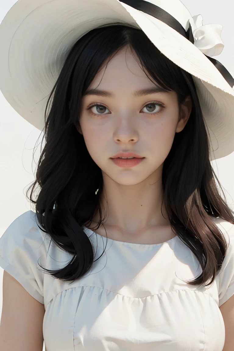 (best quality, masterpiece, perfect face) black hair, 18 years old pale girl, big bust, white sundress, big white hat
