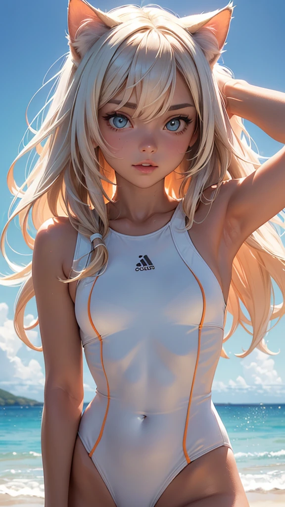 (high resolution, upper body, soft skin:1.2),(best illustration,masterpiece:1.2),ultra-detailed,[(cat ears , white inside:1.2, brown cat eyes, white long hair),vivid colors,sharp focus,portrait, beach lighting,bokeh, wearing a orange sport swimsuit, beach background, arms behind head