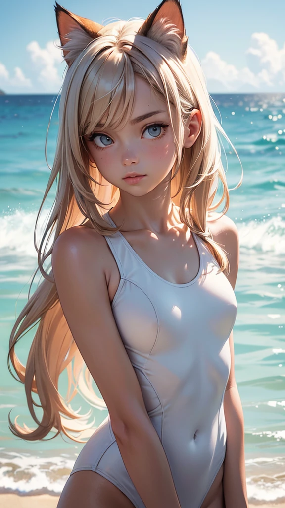 (high resolution, upper body, soft skin:1.2),(best illustration,masterpiece:1.2),ultra-detailed,[(cat ears , white inside:1.2, brown cat eyes, white long hair),vivid colors,sharp focus,portrait, beach lighting,bokeh, wearing a orange sport swimsuit, beach background, arms behind head