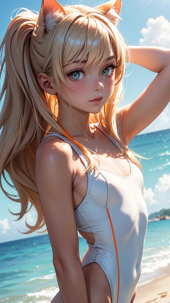 (high resolution, upper body, soft skin:1.2),(best illustration,masterpiece:1.2),ultra-detailed,[(cat ears , white inside:1.2, brown cat eyes, white long hair),vivid colors,sharp focus,portrait, beach lighting,bokeh, wearing a orange sport swimsuit, beach background, arms behind head