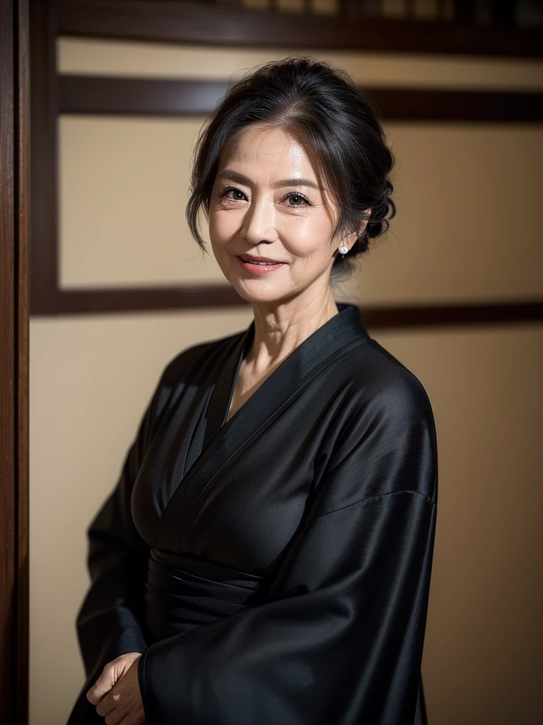 (masterpiece:1.4),(68-year-old woman:1.5),(facial wrinkles 1.2),Captivating smile, (Updo : 1.1), (Wearing a black kimono), Motherhood Mature Woman