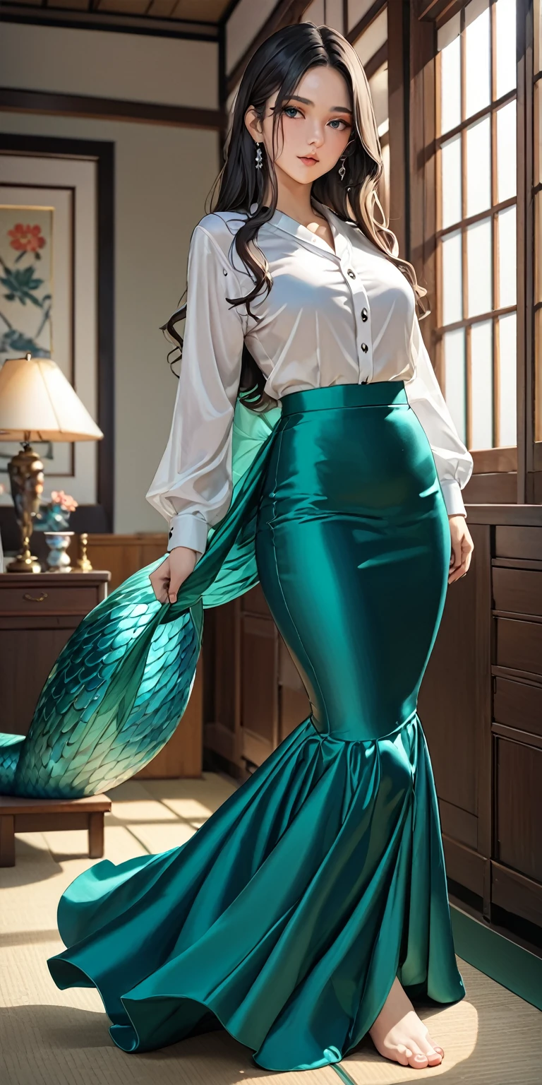 Portraiture、(masterpiece,Highest quality,Ultra-high resolution),Japanese women, (((Very beautiful 25 year old girl))),Long sleeve satin blouse、((Satin Mermaid Long Skirt))、The skirt is ankle-length、