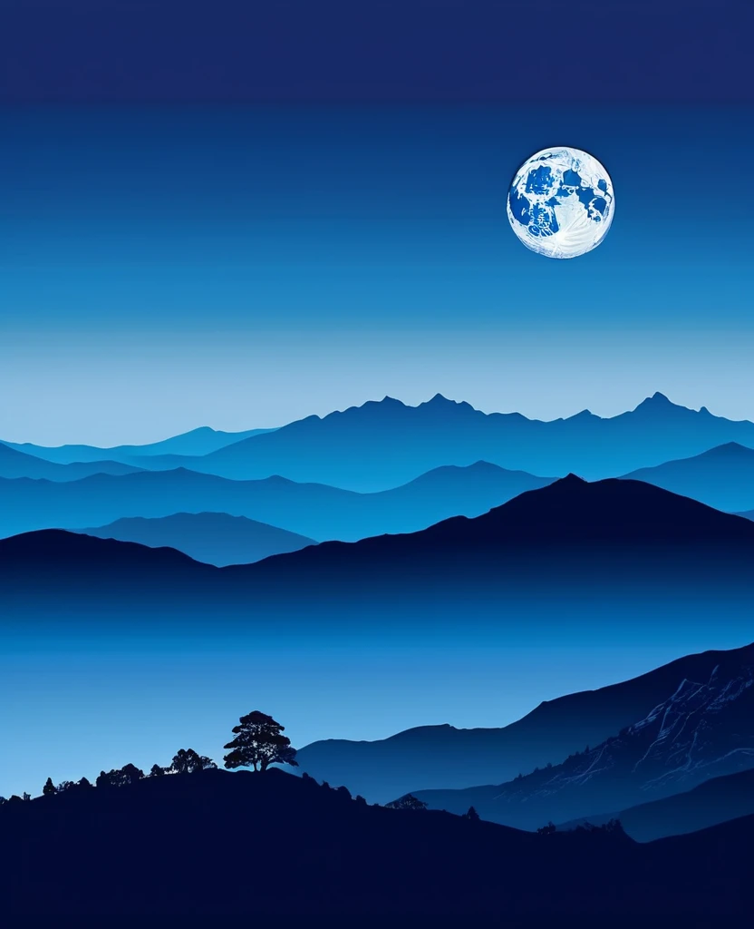 Landscape illustration of blue mountain with big moon and clear sky, with three shillouette