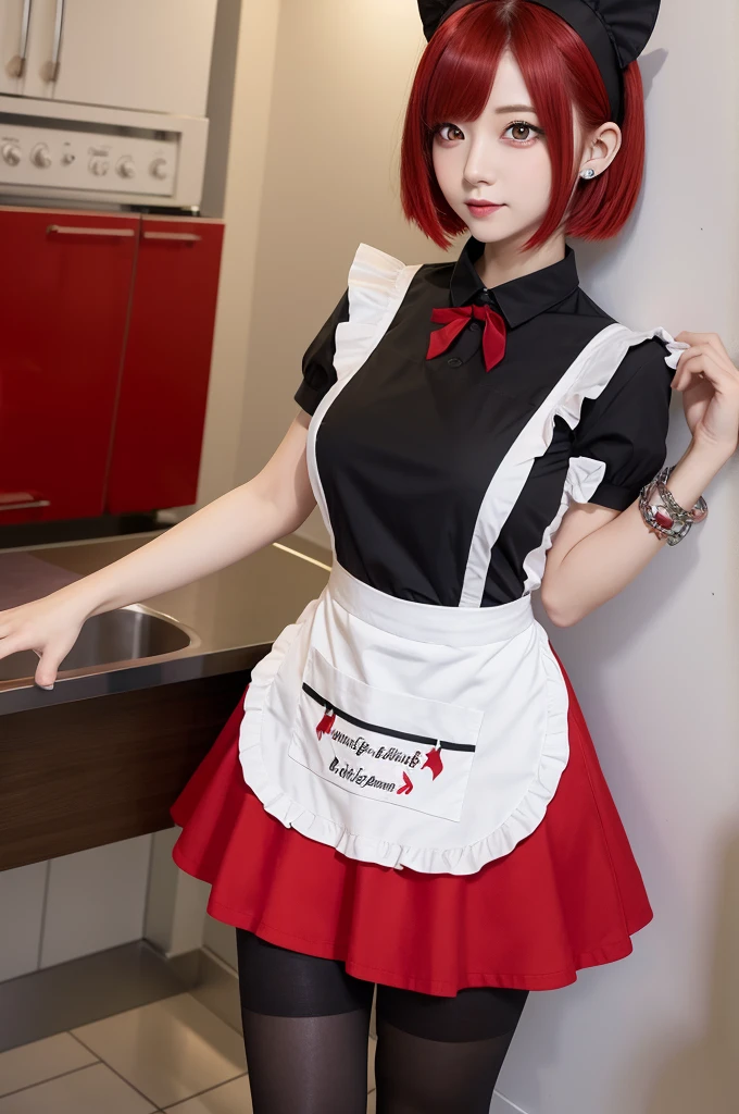 solo,1girl(big breast)(masterpiece, best quality:1.2),Ellen Jo,Zenless Zone Zero,alternate costume ,maid, shark tail, (shark girl:0.5), short hair,black hair,red eyes, tail, pantyhose,multicolored hair, black footwear, short sleeves, apron, wrist cuffs, maidheaddress, stockings, nyantchaellen joe, black hair, red hair,colored inner hair, multicolored hair, (red eyes:1.3), red hair, short hair, two-tone hair,apron, black pantyhose, black shirt, ear piercing,sex