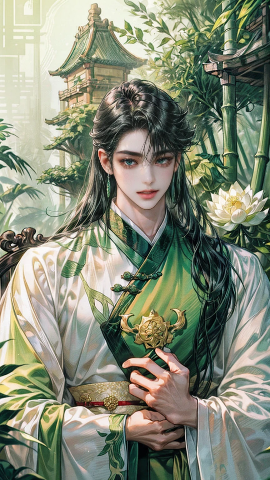 (((best quality))),masterpiece,ultra high resolution,extraordinarily beautiful youth, a bright, innocent smile,All green clothing,((boy 20 year old, green hanfu,green clothing, Chinese shirt style)) ,boy character ,((Thick black long hair)),beautiful face,detailed interior, detailed boy,((man)),(in bamboo forest), house China style, pure white lotus,beautiful and cute boy ,black eyes,((solo man)),(he has a Big eyes, charming lips, slim nose and small face),(slim figures ),hand model, very thick black long hair 