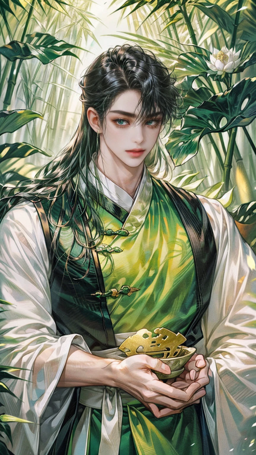(((best quality))),masterpiece,ultra high resolution,extraordinarily beautiful youth, a bright, innocent smile,All green clothing,((boy 20 year old, green hanfu,green clothing, Chinese shirt style)) ,boy character ,((Thick black long hair)),beautiful face,detailed interior, detailed boy,((man)),(in bamboo forest), house China style, pure white lotus,beautiful and cute boy ,black eyes,((solo man)),(he has a Big eyes, charming lips, slim nose and small face),(slim figures ),hand model, very thick black long hair