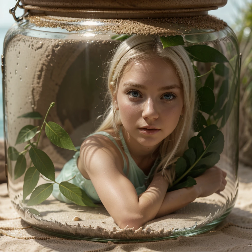 a little fairy trapped in a glass jar, a tiny woman locked in the glass jar, beautiful woman, beautiful face, green eyes, almost white blonde hair, tight-fitting outfit, shy, scared, detailed body, fine face, cheeks pink, pink lips, super white skin, leaf outfit, fantasy world, beautiful fairy. scared, glass bottle. difference in sizes, background of a beach.