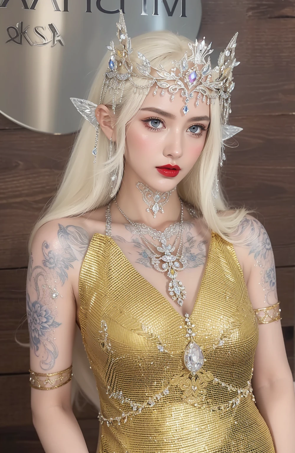 Royal princess，Very detailed, Delicate face, Stock Photography , Portrait 400, F1 Camera Lens.6, rich and colorful, Surrealism, Realistic textures, Dramatic Lighting, Thin Film Distiller 800 (8K, original photo, Better quality, masterpiece: 1.2), Very detailed, (Extremely delicate skin: 1.2), 8K 超高清, SLR camera, Soft Light, high quality.Fire Queen，Blue pupils，Wear red lipstick，Have a tattoo，The tattoo is very three-dimensional，Gorgeous and intricate tattoo designs，8K Mugshot，Large Breasts，Dark eyeshadow，Sexy thick lips(Red lipstick)，Ice Princess，The facial features are very three-dimensional，Gorgeous and exquisite crystal diamond lace wedding dress，Silver Armor，Exquisite and ornate silver decoration，Universe shining diamond gem，Ultra-clear portrait，Very exquisite and gorgeous jewelry，