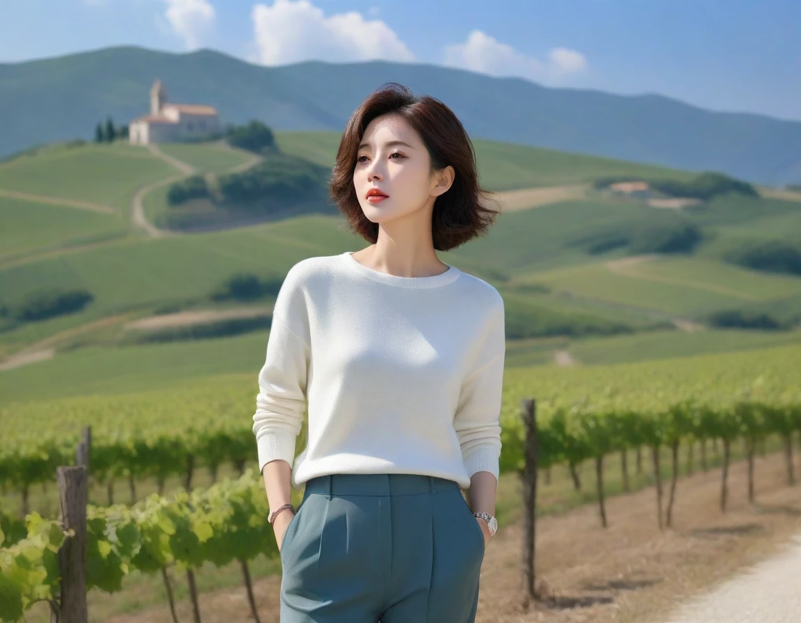 k Best picture quality, Beautiful 36-year-old Korean woman, short and good weather. Chest size 34 inches, Past the vineyards in the Italian countryside, you can see the cathedral on the hill., Back background realistic and vivid image quality, Short and medium hair blowing in the wind, Wearing high-end luxury brand casual jumpers and pants, smile slightly. The background is clear, Short and slim Korean woman