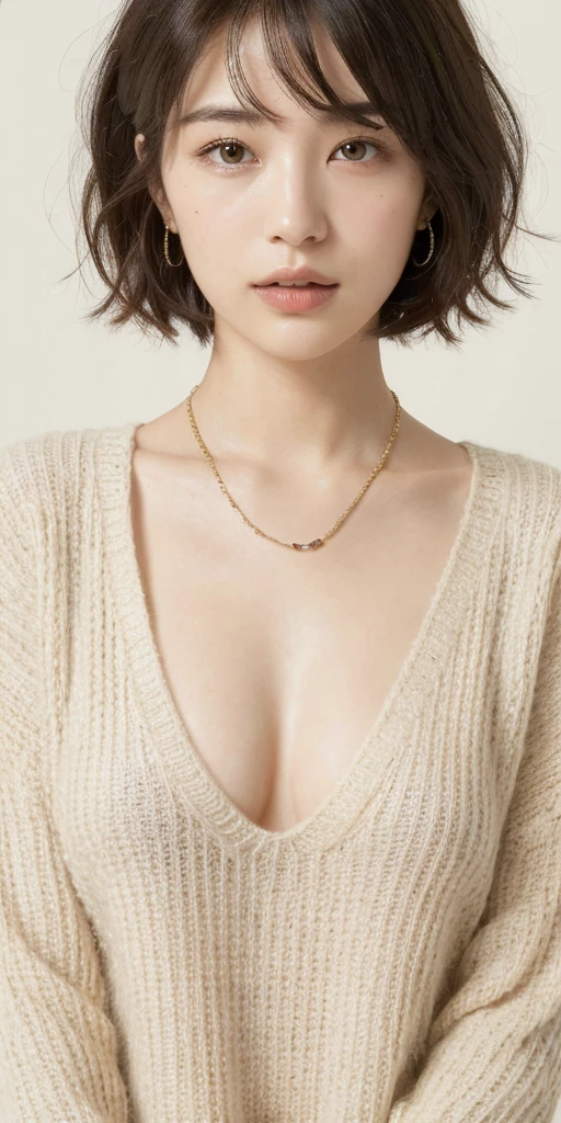 (Best quality, 8k, 32k, Masterpiece, UHD:1.2),Photo of Pretty Japanese woman, large breasts, very short bob hair,upper body,(oversized_sweater,:1.1) necklace, simple background, looking at around